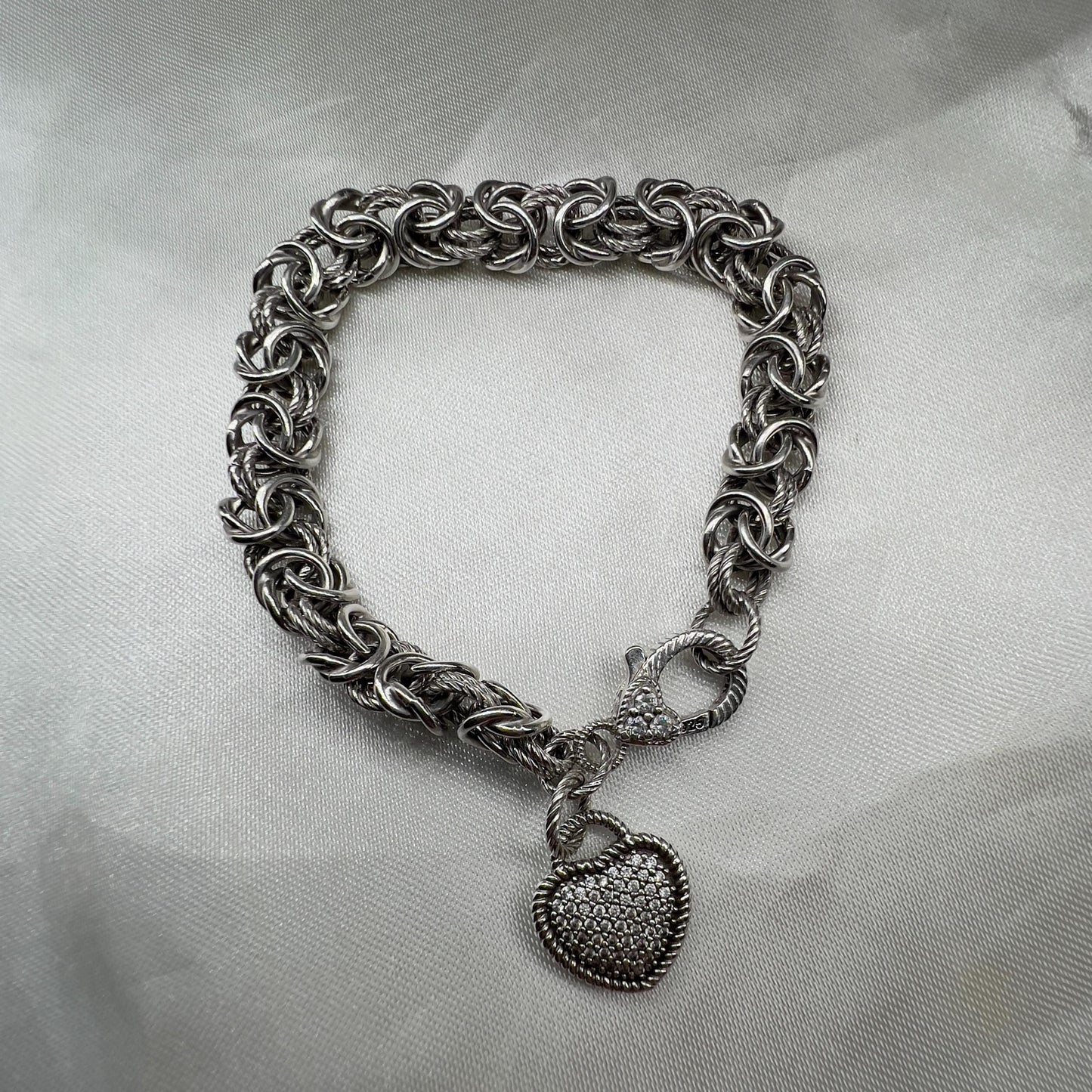 Judith Ripka sterling silver Byzantine heart charm bracelet – Verona Collection textured 925 designer jewelry with pave CZ