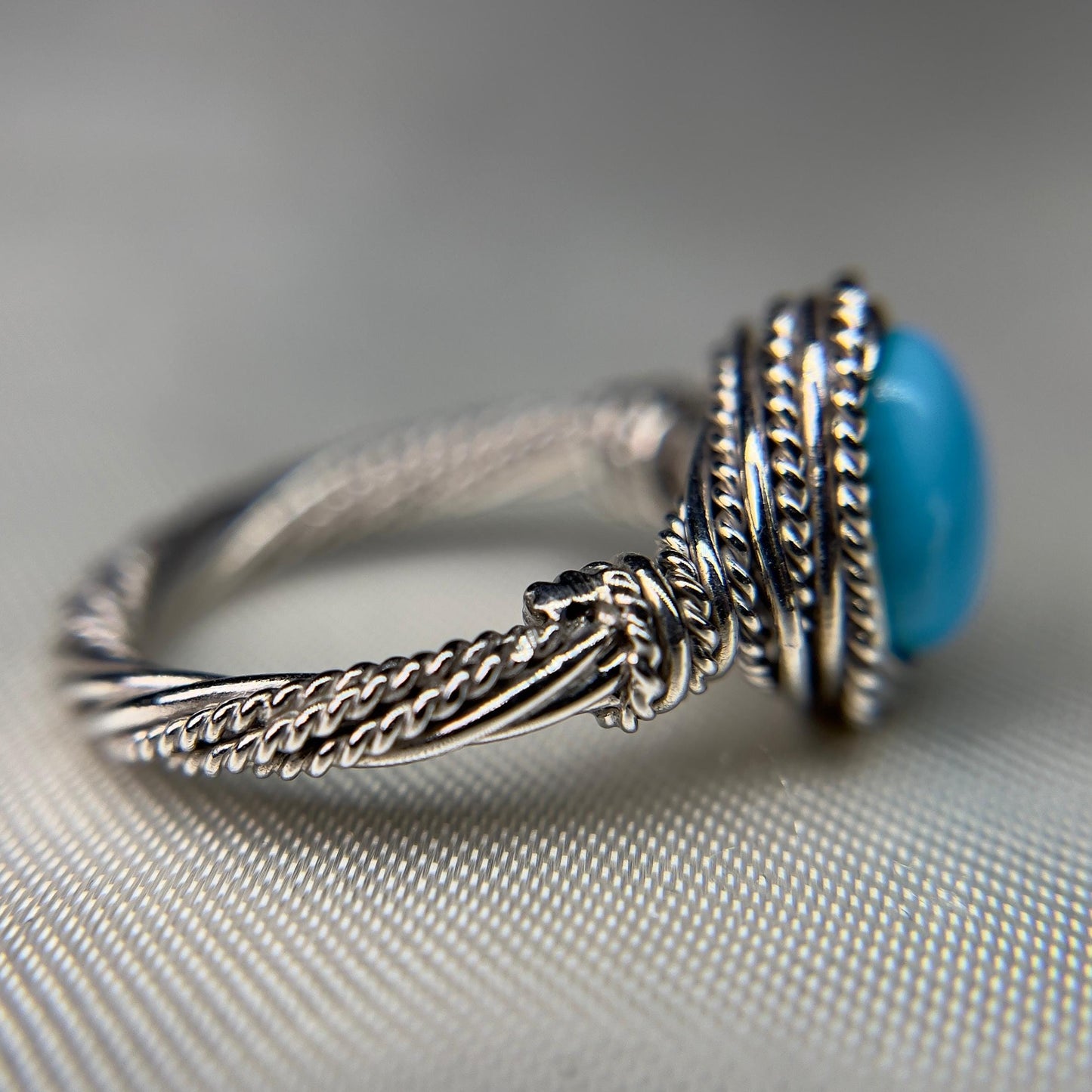 Sleeping Beauty Turquoise Rope Band Ring – Sterling Silver 925 – Twisted Wire Design – Made in Vietnam – Size 7
