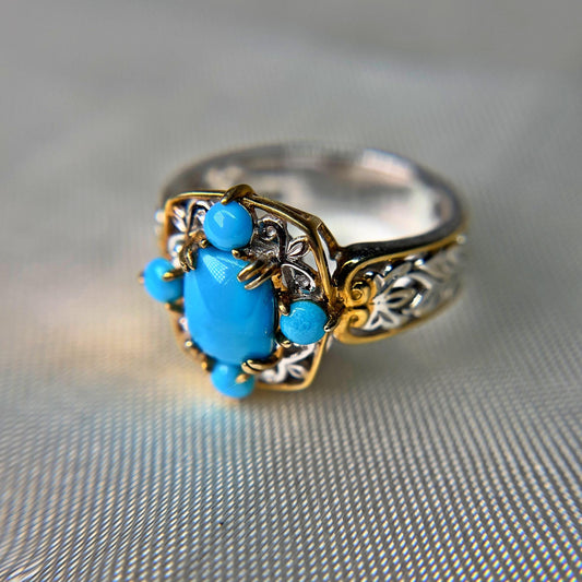 Sleeping Beauty Turquoise Ring – Two-Tone Sterling Silver & Gold Accent – Ornate Filigree Design – Size 8