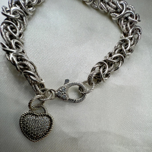 Judith Ripka sterling silver Byzantine heart charm bracelet – Verona Collection textured 925 designer jewelry with pave CZ