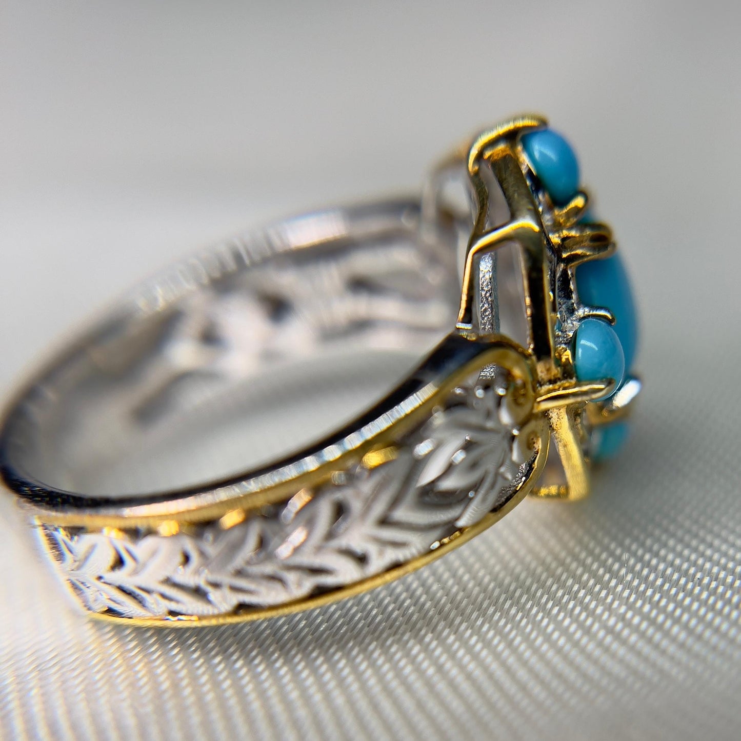 Sleeping Beauty Turquoise Ring – Two-Tone Sterling Silver & Gold Accent – Ornate Filigree Design – Size 8