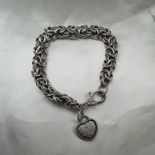 Judith Ripka sterling silver Byzantine heart charm bracelet – Verona Collection textured 925 designer jewelry with pave CZ