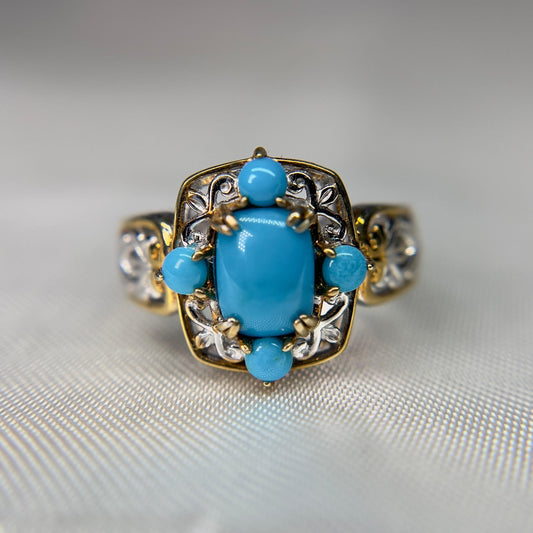 Sleeping Beauty Turquoise Ring – Two-Tone Sterling Silver & Gold Accent – Ornate Filigree Design – Size 8