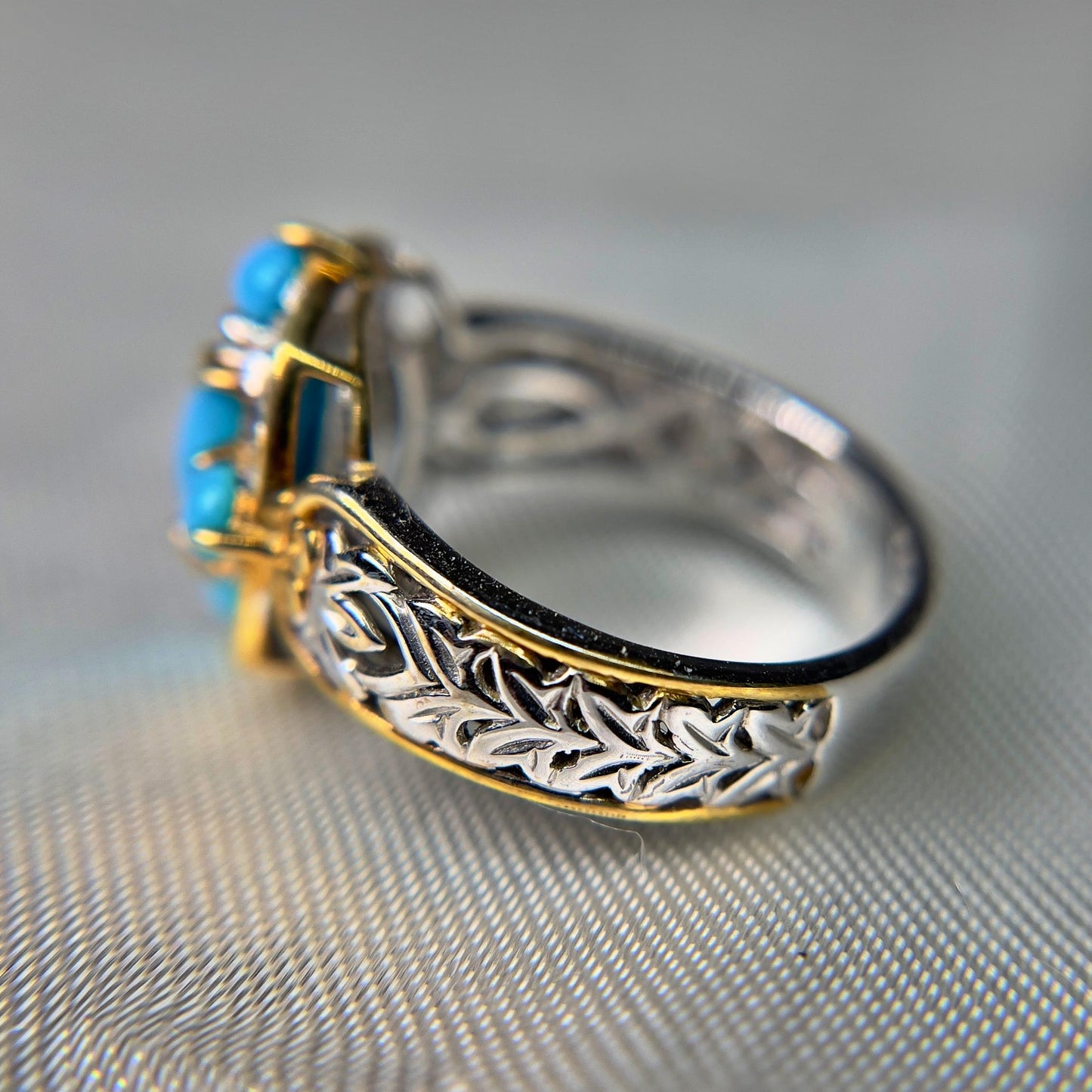 Sleeping Beauty Turquoise Ring – Two-Tone Sterling Silver & Gold Accent – Ornate Filigree Design – Size 8