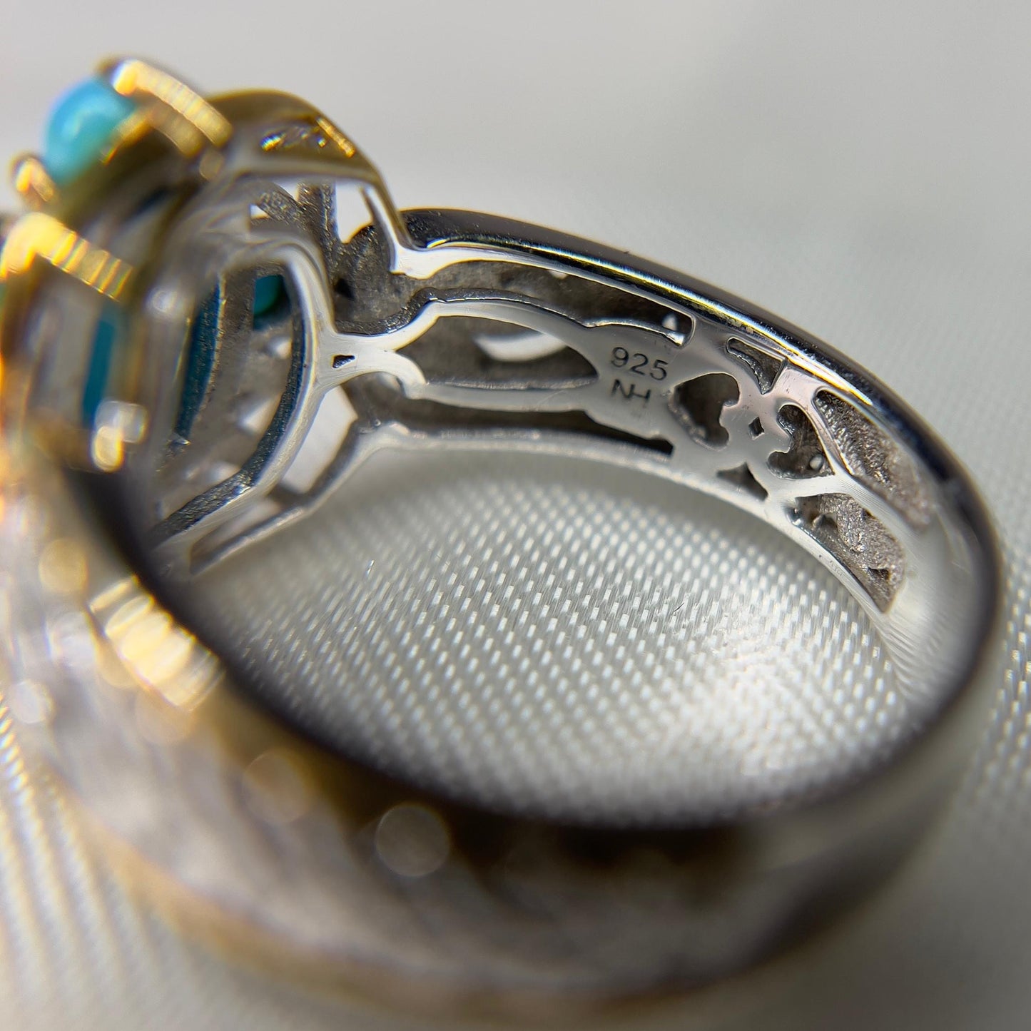 Sleeping Beauty Turquoise Ring – Two-Tone Sterling Silver & Gold Accent – Ornate Filigree Design – Size 8
