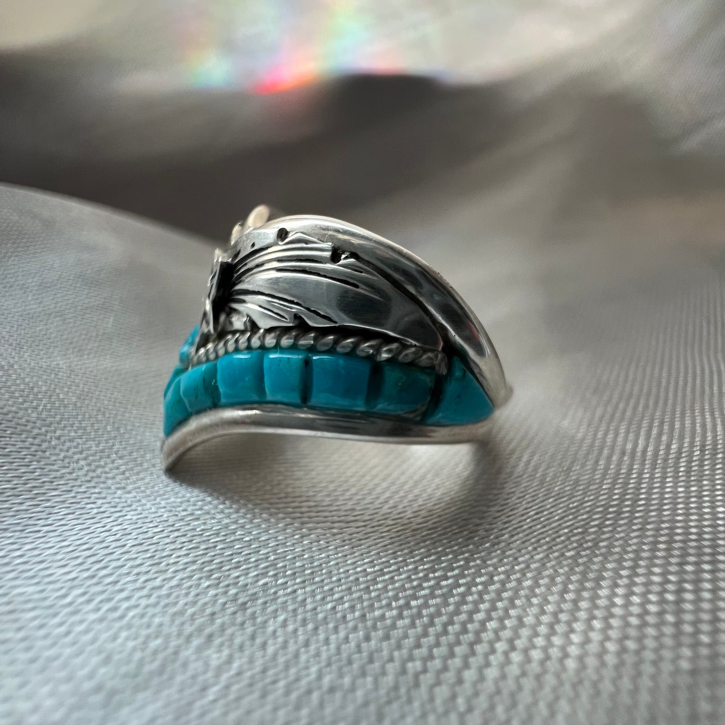 Sterling silver turquoise inlay ring size 7.5 – vintage chevron statement ring by Gabby Jurado, made in USA