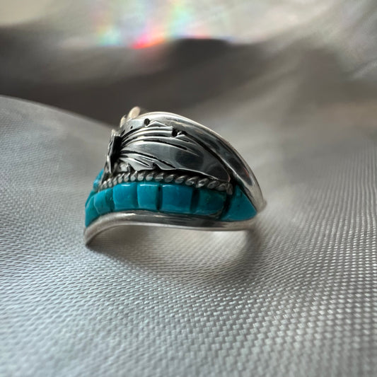 Sterling silver turquoise inlay ring size 7.5 – vintage chevron statement ring by Gabby Jurado, made in USA