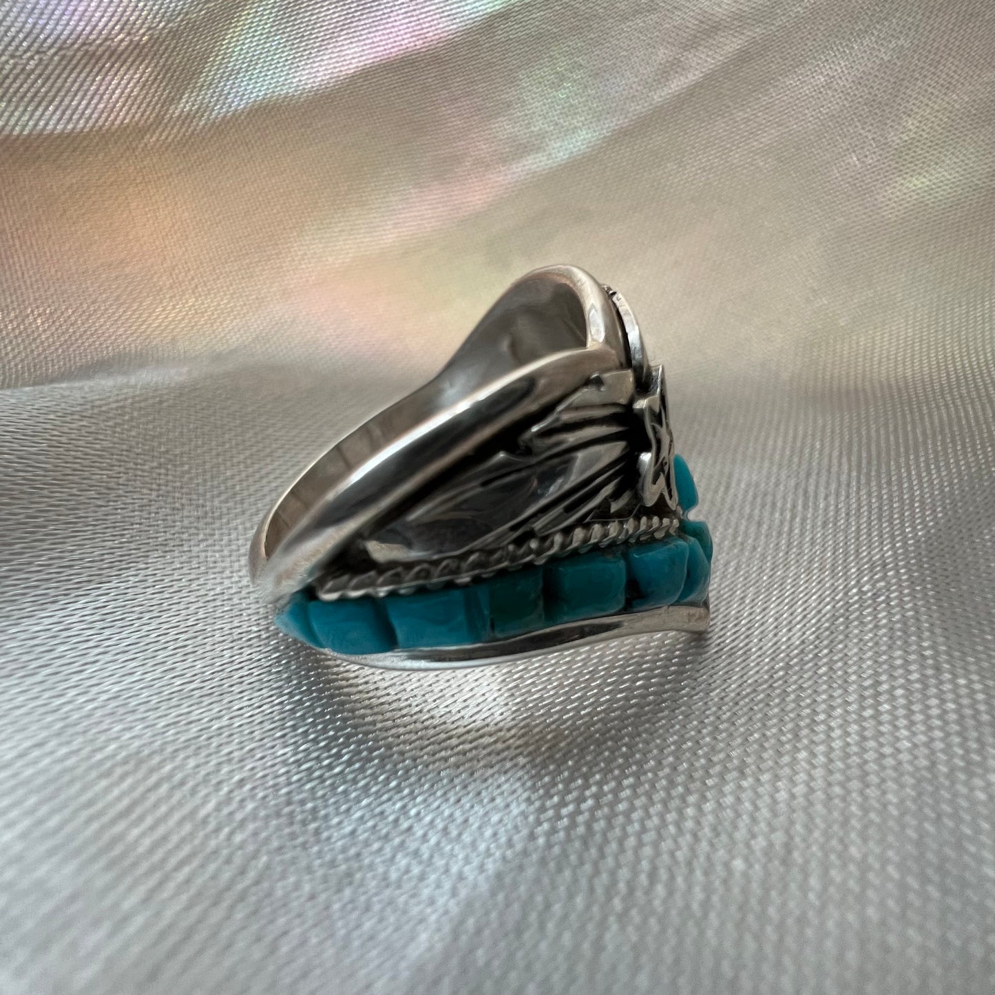 Sterling silver turquoise inlay ring size 7.5 – vintage chevron statement ring by Gabby Jurado, made in USA