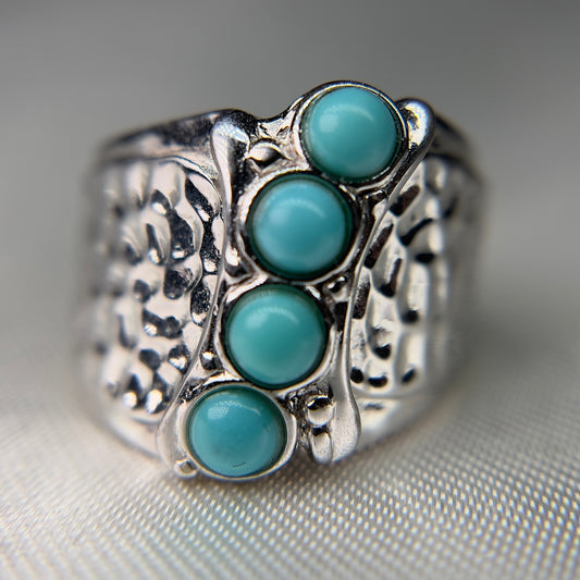 Sterling Silver Sleeping Beauty Turquoise Statement Ring – Hammered Texture – Size 7.5