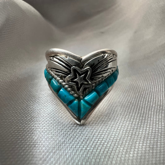 Sterling silver turquoise inlay ring size 7.5 – vintage chevron statement ring by Gabby Jurado, made in USA