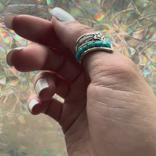 Sterling silver turquoise inlay ring size 7.5 – vintage chevron statement ring by Gabby Jurado, made in USA